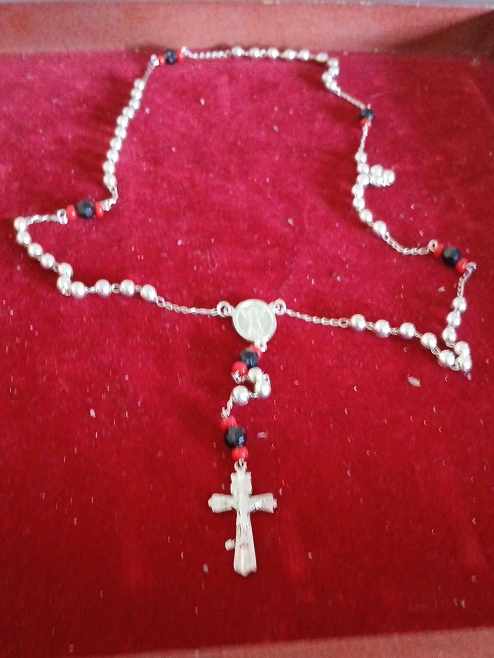 Sterling Silver Rosary Necklace with Black and Red Beads